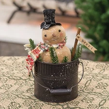 NEW PRIMITIVE SNOWMAN DOLL in BUCKET Christmas 9"Hx4.5"Wx4.5"D Winter Scarf BRR