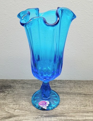 Vtg Fenton Swung Handkerchief Vase Pedestal Colonial Blue  7" Original Sticker