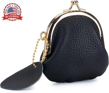 Genuine Leather Small Coin Purse for Women, Black Brass Kiss Lock, Mini Portab