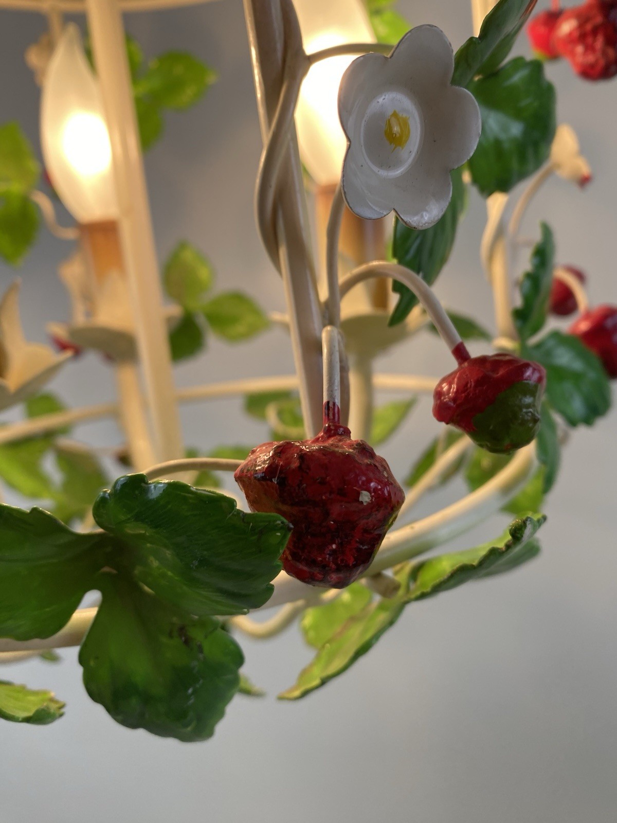 Vintage Italian Tole Strawberry Chandelier Fixture Birdcage Metal Three Sockets