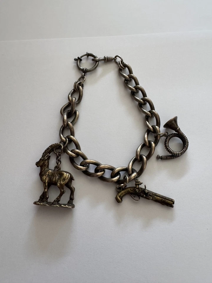 Antikes Charivari Trachtenschmuck Armband 800er Silber Jagdmotive Steinbock - Bild 1 von 1