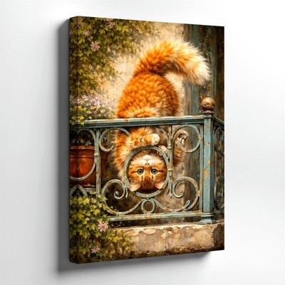 Wall Art Ginger Tabby Cat Upside Down on Rustic Balcony Cute Animal Print Decor