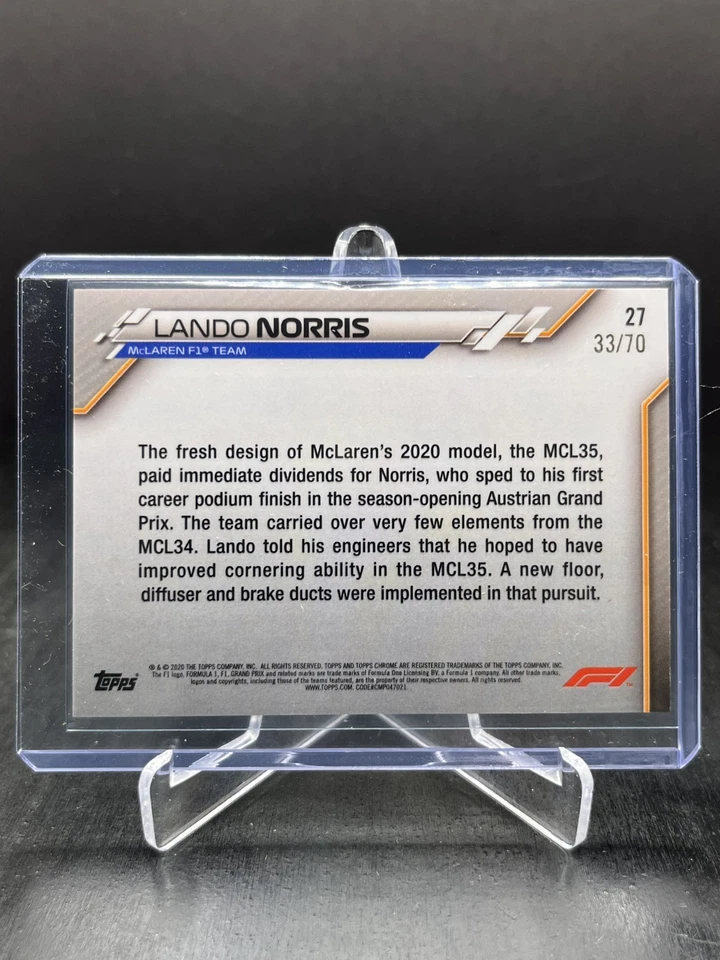2020 Topps Chrome Sapphire F1 Lando Norris RC Rookie 70th Anniversary 33/70 #27 - Image 2 of 4