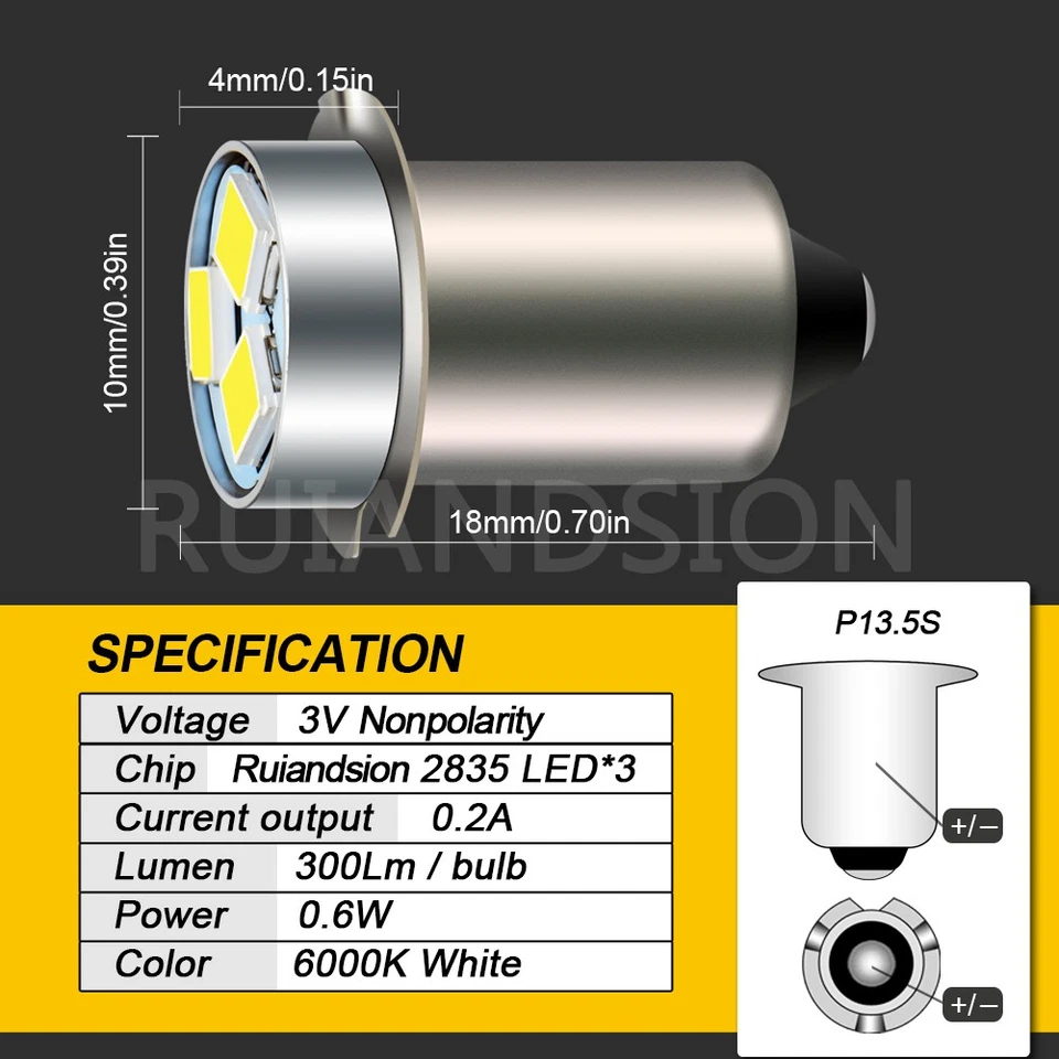4pcs P13.5S PR2 3030 3 SMD LED TORCH FLASHLIGHT LAMP BULB GLOBE 3V White 6000K Foto 2 de 4