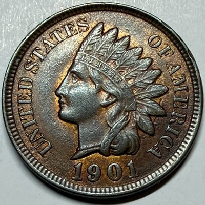 US 1901 Indian Head Penny - 1 Cent Bronze Coin - 4 Diamonds