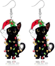Christmas Earrings for Women Cute Gingerbread Man Elf Black Cat 