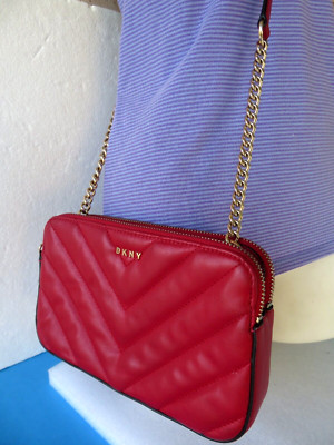 DKNY ~ Crossbody Bag Red Chevron Quilted Chain Strap Veronica-DZ Small