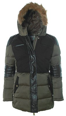 AJC Damen Steppjacke Stepp Jacke mit Kapuze Materialmix Khaki-Schwarz 38 X0211