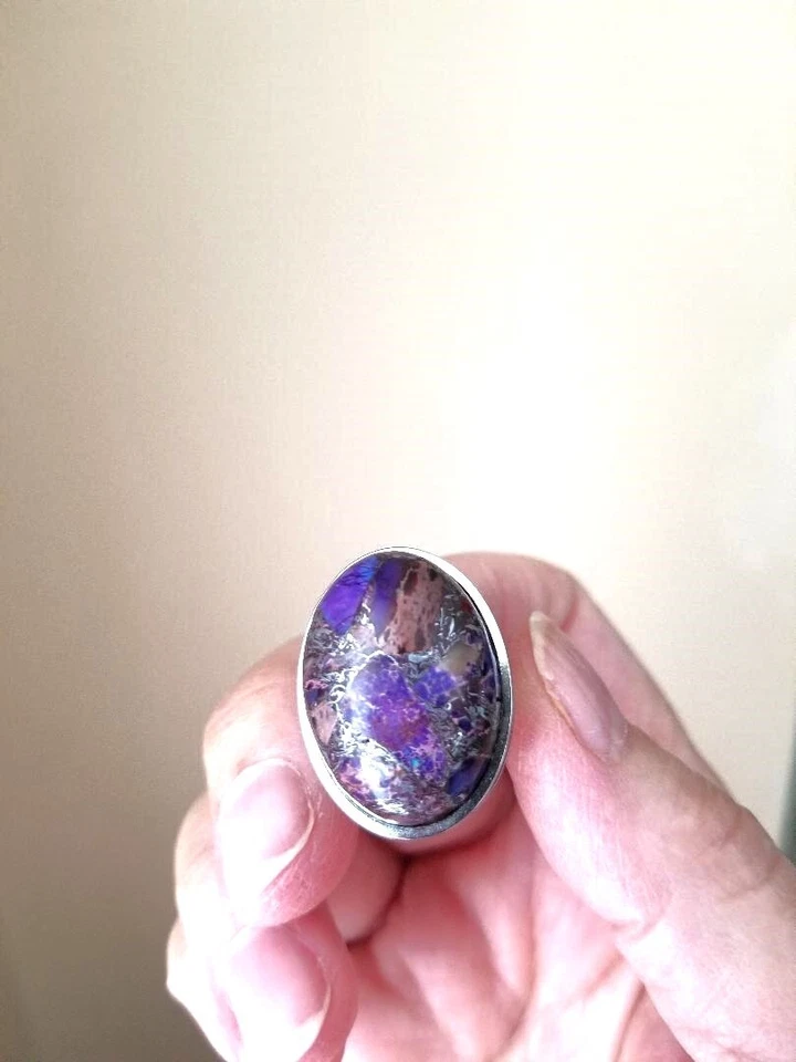 Natural Sea Sediment Purple Jasper Ring No-Tarnish Stainless-Steel Adjustable - Image 3 of 4