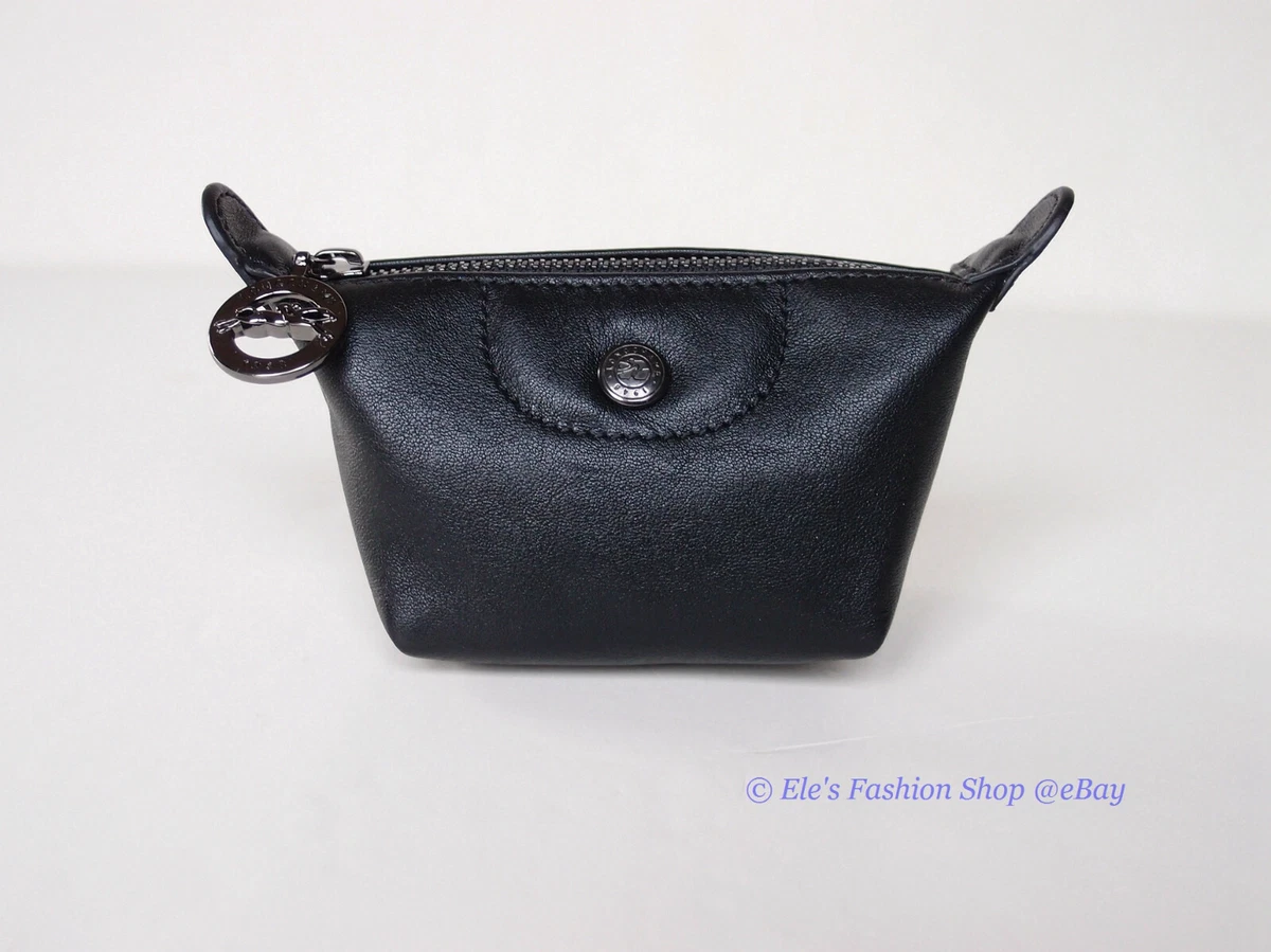 NWT Longchamp Le Pliage Cuir Leather Zip Top Coin Purse BLACK 100%  AUTHENTIC