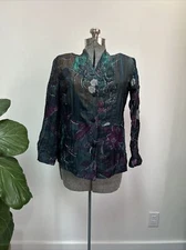 Citron Santa Monica linen Blend Crinkly Floral  blouse PS Petite Small