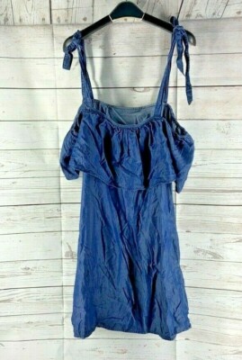 denim tie shoulder dress Tie Shoulder Square Neck Tiered Corset Denim Mini Dress in Dark Wash L