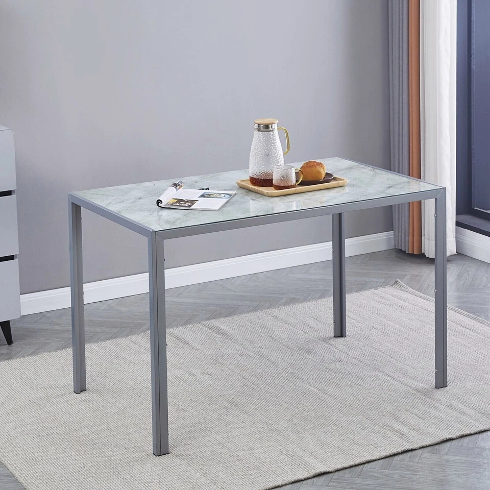 4pcs Grey Faux Leather Dining Chairs & Grey Marble Glass Dining Table Dining Set - Image 2 of 4