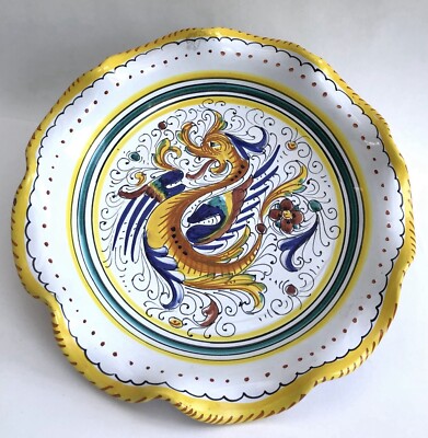 Deruta Raffaellesco Nudelschale mit geriffeltem Rand handbemalt, Obstschale, Drache 