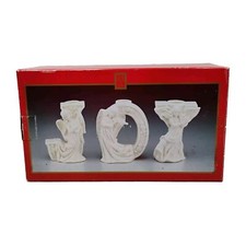 Christmas Ceramic Candle Holders 3 Piece Set "JOY" Angels Cherubs White W/ Box