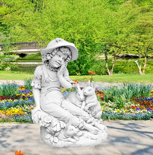 🔶Steinfigur Lorena mit Hasen Gartenfiguren Steinkunst Mädchen Figur