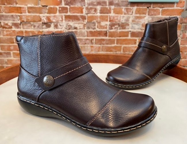 Clarks Dark Brown Leather Ankle Boots Ashland Pine New Button Strap Detail