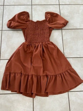 SHEIN Rust Copper Puff Sleeve Off The Shoulder Dress Size Small Gathered Boho Ne