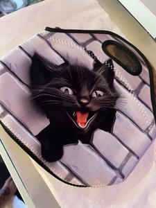 Round Neoprene Lunch Bag Cat Print w/ Zipper Carry Handle 10x7 White/Black