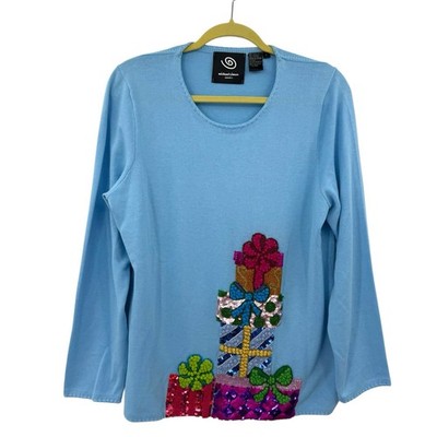 VTG Michael Simon Event Christmas Presents Sequin Embroidered Sweater Sz L FLAW