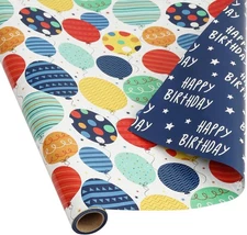 BULKYTREE Reversible Birthday Wrapping Paper Roll for Boys Happy 
