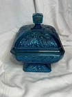 Vtg Jeanette Carnival Glass Covered Candy Dish Blue Oak Leaves Acorns