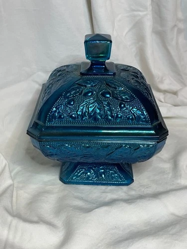 Vtg Jeanette Carnival Glass Covered Candy Dish Blue Oak Leaves Acorns