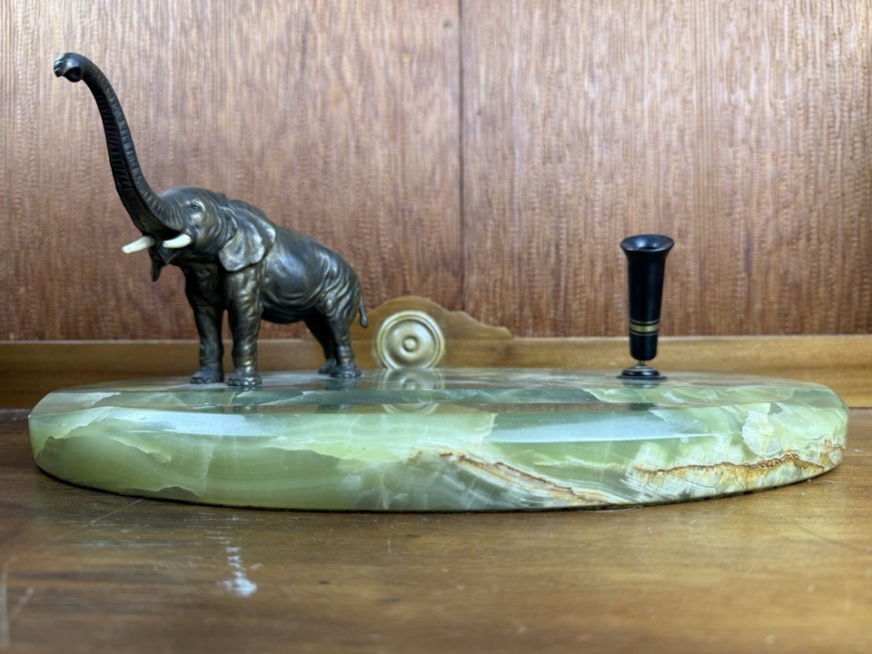 A 15" executive onyx and bronze elephant pen holder — genuinely imposing, mid-century prestige-office energy that commands a desk.
