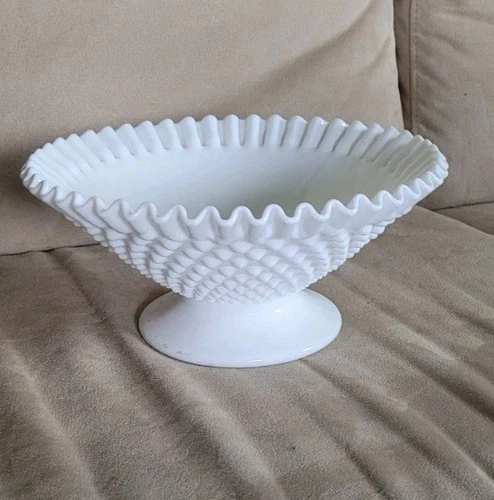 Large Hobnail Milk Glass by Fenton 10 Inch Round Crimped Bowl Footed Sticker 4.5