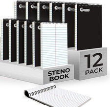12 Pack Steno Pads, 6 X 9, Gregg Rule, Black Steno Pad, 80 Sheets Top Spiral N