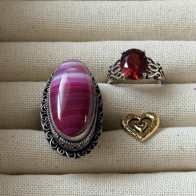 3 teiliges Sterling 925 Silber Schmuck Konvolut: 1 Anhänger 2 Ringe Vintage Achat Granat