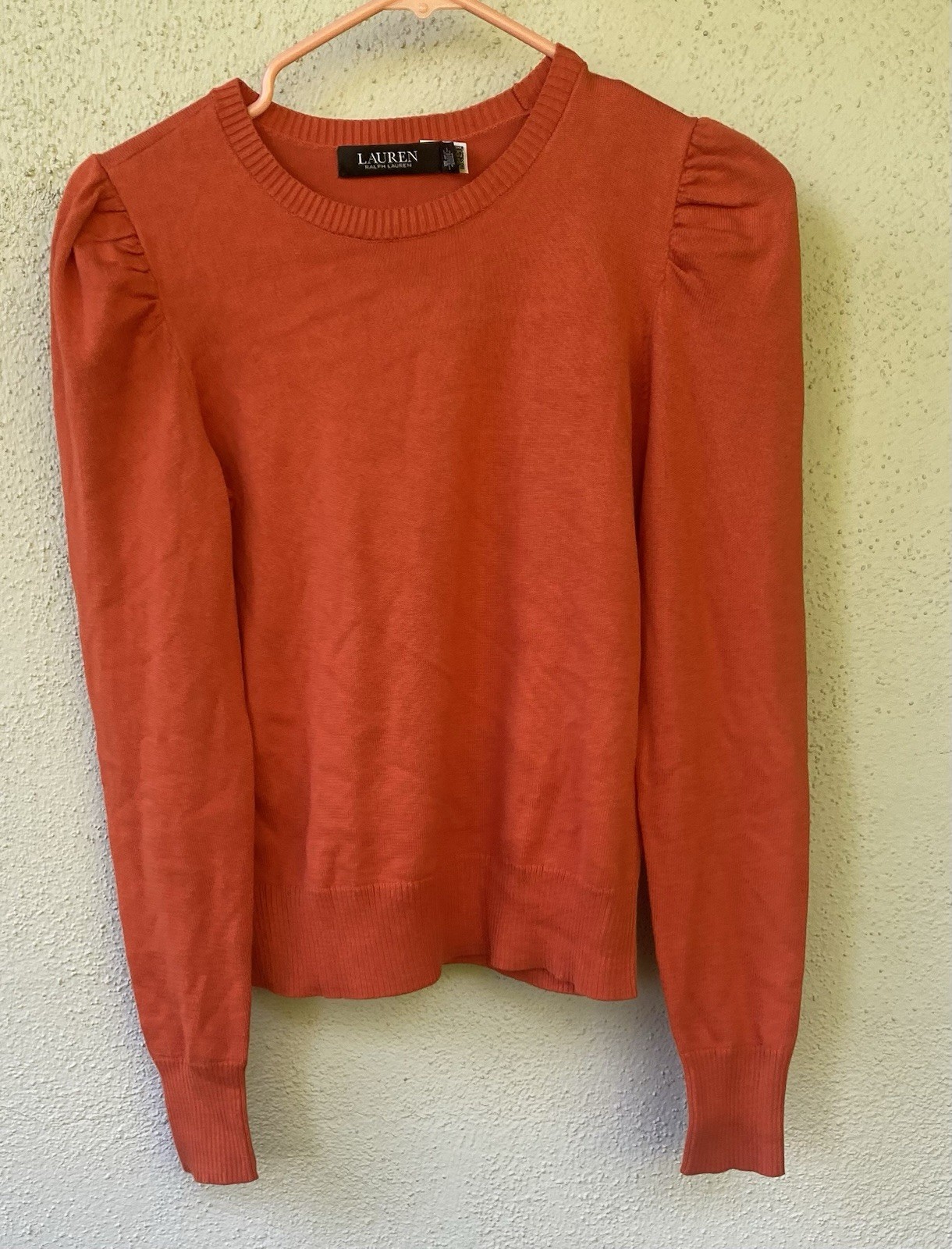 Lauren Ralph Lauren Women's Orange Puff Sleeve Knit Pullover Sweater Crew XS