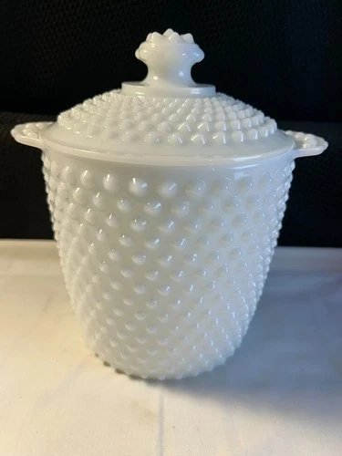 Vtg Anchor Hocking Hobnail Milk Glass Ice Bucket Lidded Canister Cookie Jar 9"