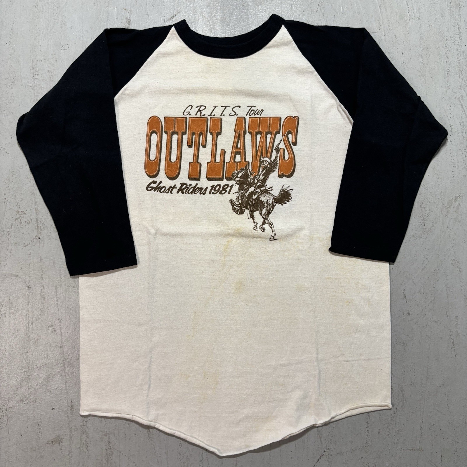 Stained Vintage 1981 Outlaws Grits Tour Ghost Riders Raglan Style T Shirt Size L