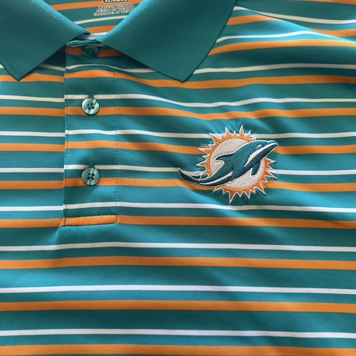 Miami Dolphins Polo Shirt Men XL Green Majestic Striped Football NFL Coolbase - Picture 2 of 5