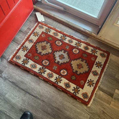 Vintage Oushak Rug Small Turkish Door Mat Hand-Knotted Wool Entryway Rug 24 x 38