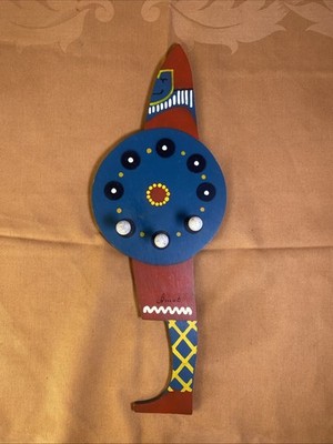 Vintage Signed Folk Art Hand Painted Wooden Peg Rack Key Holder Wall Hook  Amot 