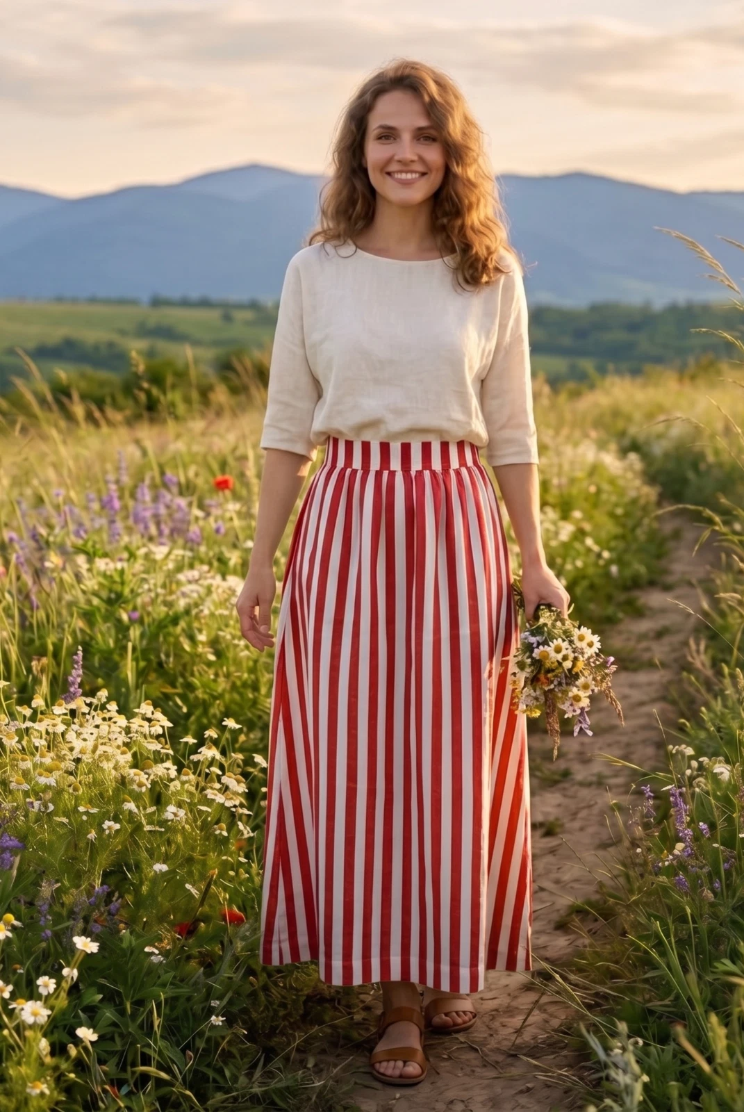 Striped Vintage Cotton Boho Long Maxi Skirt for Women Elastic Waist Summer Flowy