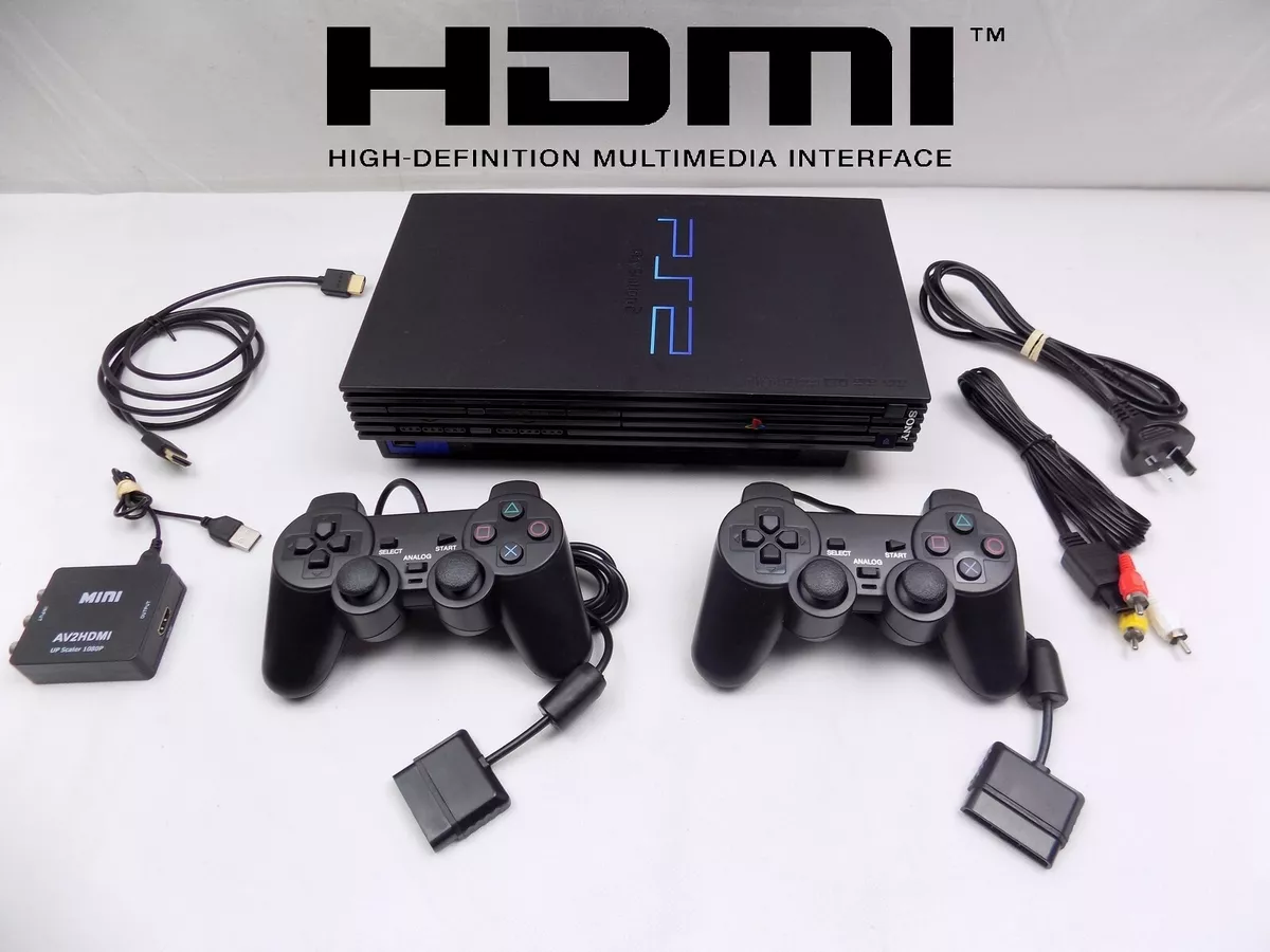 Ps2 Playstation 2 Black Fat Console Bundle + HDMI Converter + 2x Controllers