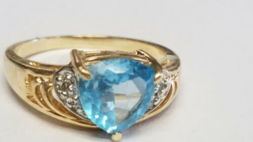 VINTAGE SOLID 14 K GOLD BLUE TOPAZ RING SIZE 6.75, DIAMOND ACCENTS - Picture 2 of 10