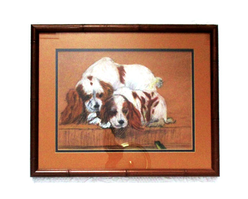 Cavalier King Charles Spaniel Dog Pastel Painting Sketch Vintage Framed Art
