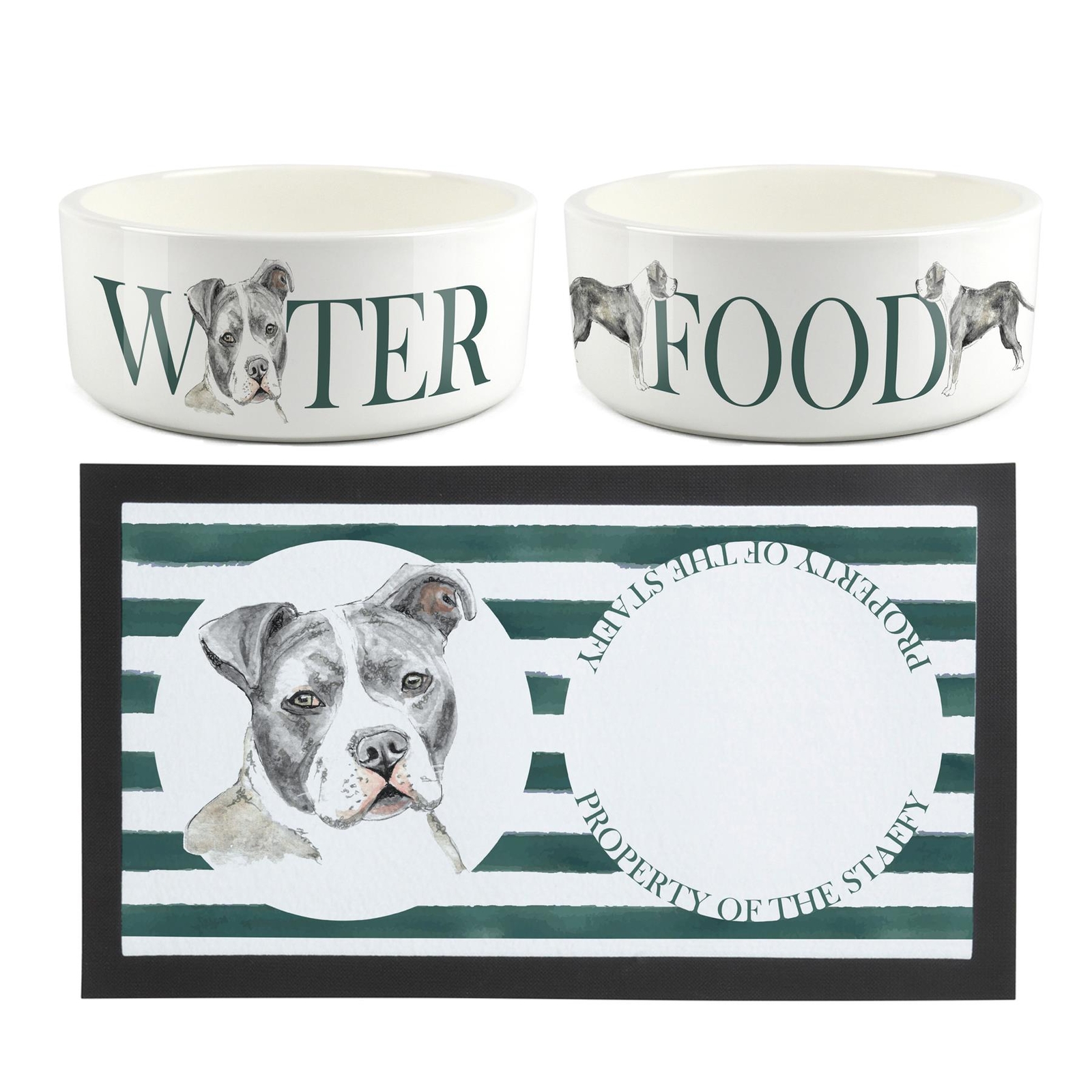 Staffy Dog Bowls & Mat Set - Large White Ceramic Food/Water Dish Gift