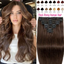 Thick Double Weft Clip In Real Remy Human Hair Extensions Full Head US highlight
