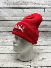 VTG Coors Beer Embroidered Spell Out Men's Red Knit Cuffed Winter Beanie Hat Cap