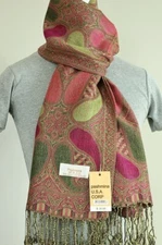 Women's Pashmina Scarf Wrap Shawl Paisley Hot pink Green Silk Cashmere*029