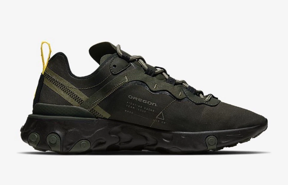 RARE Nike Oregon Ducks Mens 9 React Element 55 Shoes Sequoia/Black/Olive/Yellow - Image 3 of 4