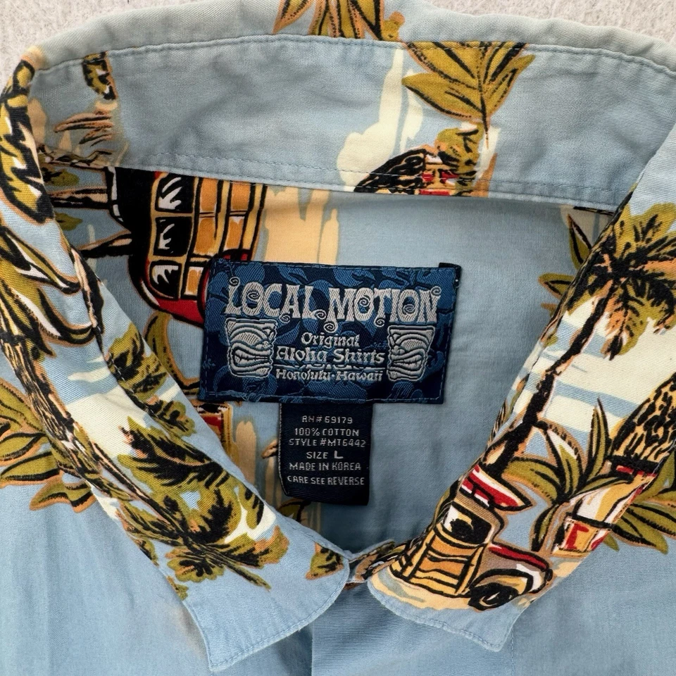 Vintage Local Motion Hawaiian Shirt Mens Large Cotton Tiki Cars Aloha Blue Camp - Image 3 of 4