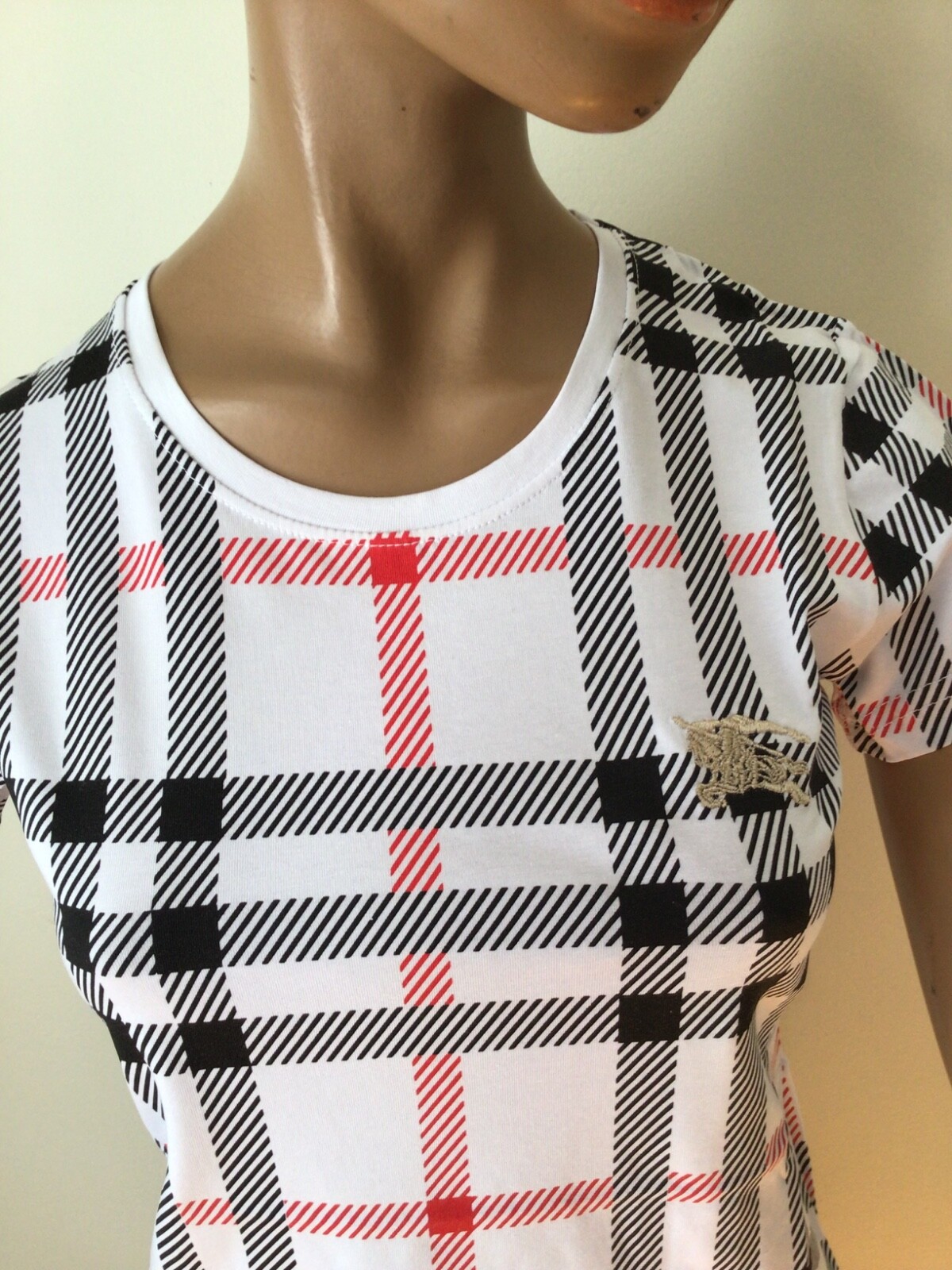 NEW BURBERRY LONDON  WHITE/BLACK/RED COTTON STRETCHED TOP SIZE XL