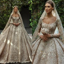 Exquisite Wedding Dresses Ball Gown Bead Lace Appliques Sweep Train Bridal Gowns