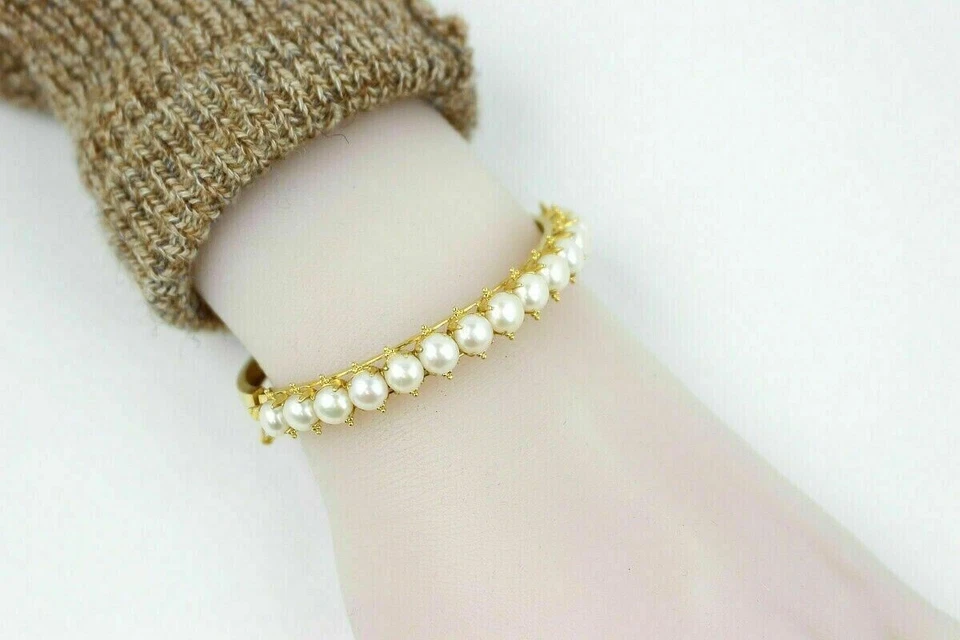 Brazalete brazalete de boda de 4 quilates con perlas redondas para mujer enchapado en oro amarillo de 14 k plateado Foto 2 de 4
